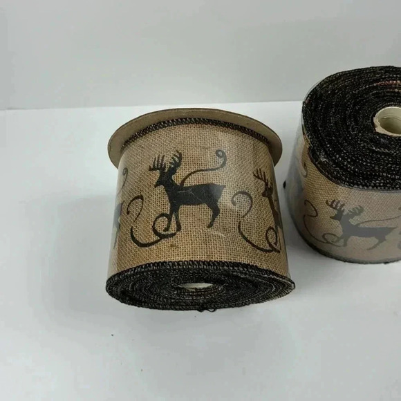 Christmas 4” burlap black reindeer motif 3 rolls 10 YRD each New  WIRED - Picture 4 of 4
